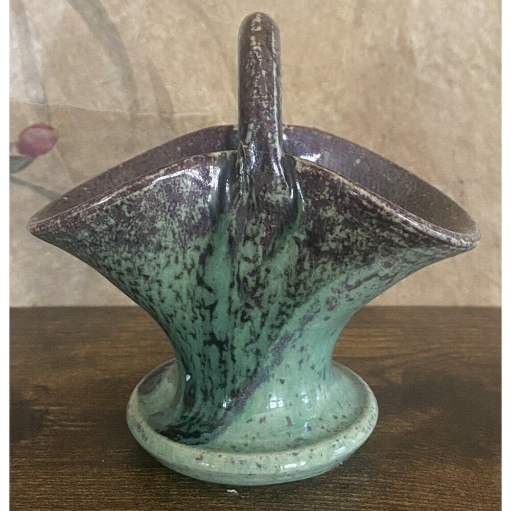 Pottery Bouquet Basket Vase Drip Glaze Vintage *Chip*